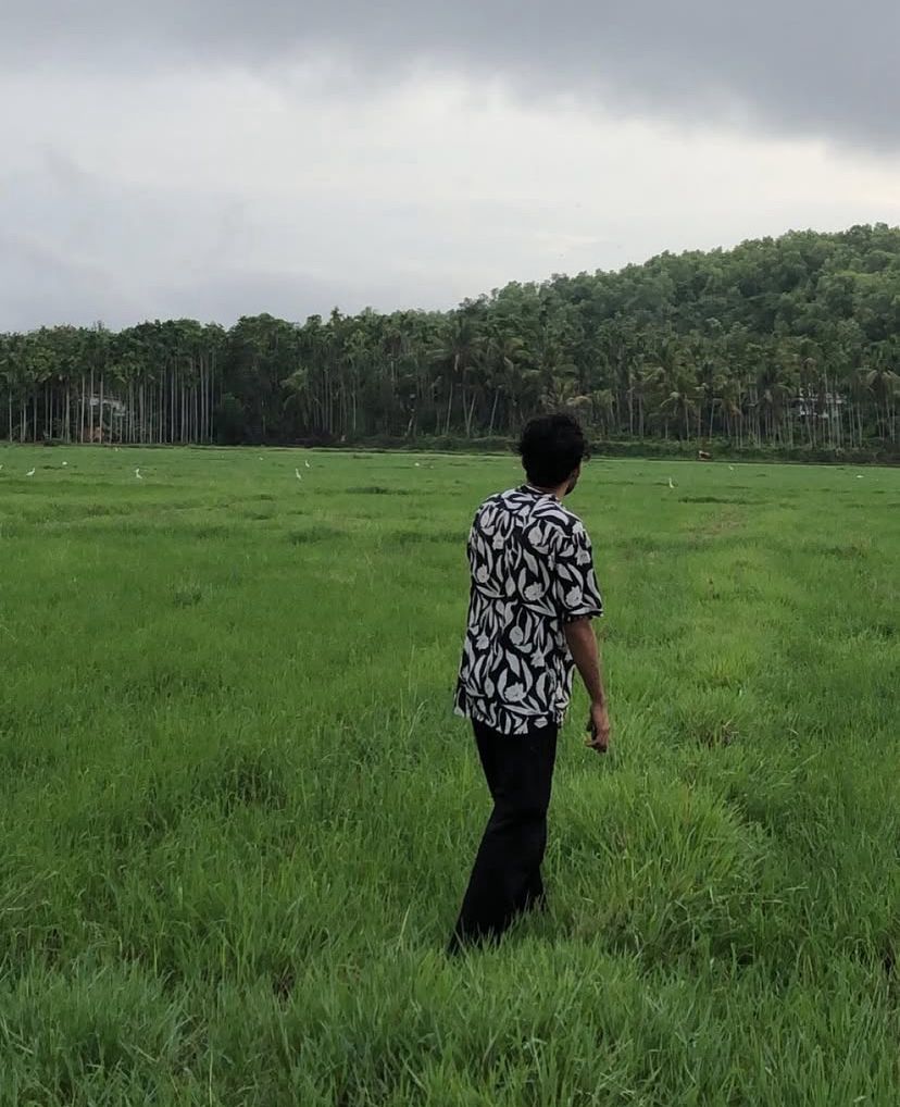 Person standing in a lush green field with tall grass and palm trees under an overcast sky in tropical landscape